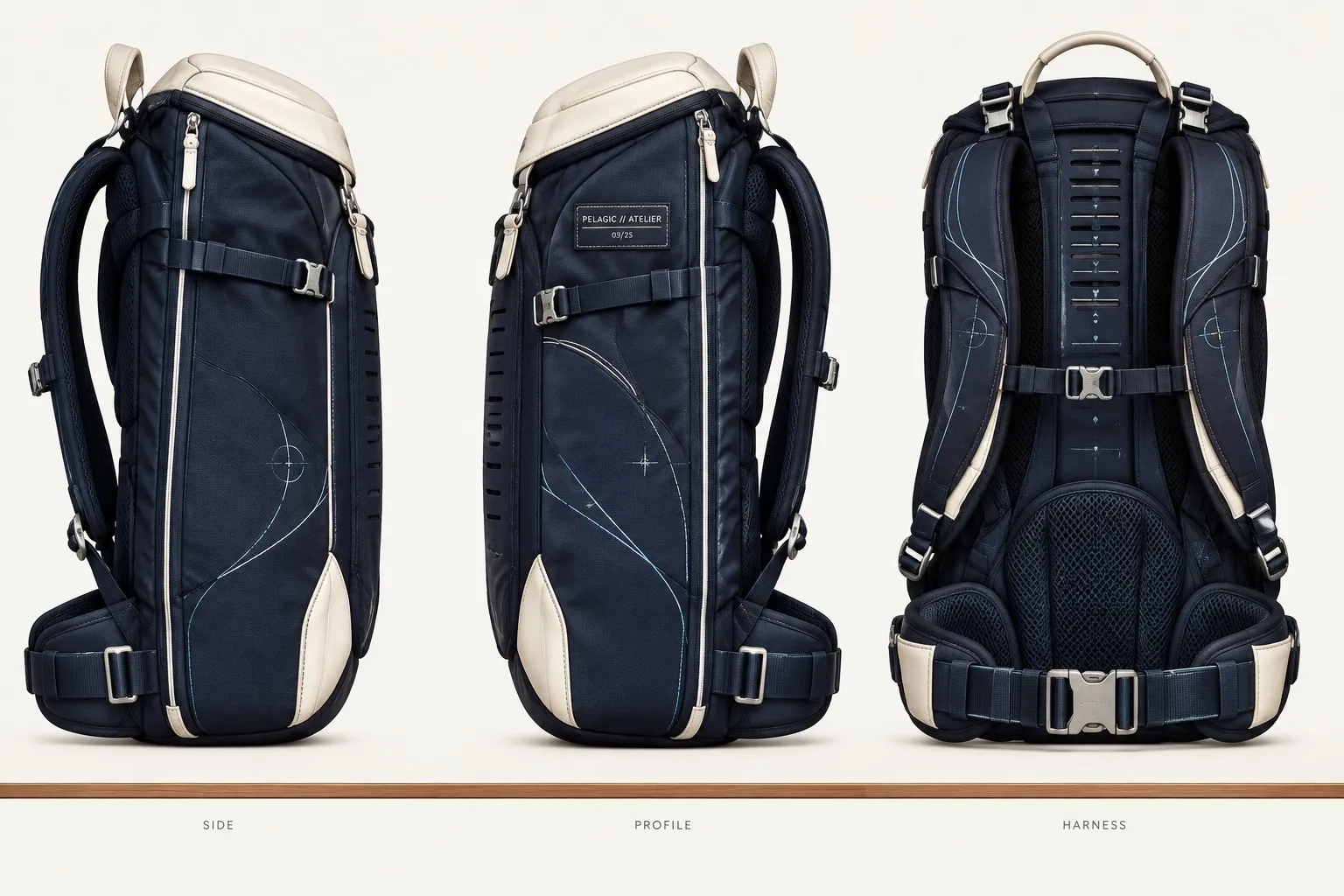 Side, profile and harness views of a navy backpack with ivory leather trim, padded hip belt and adjustable back plate