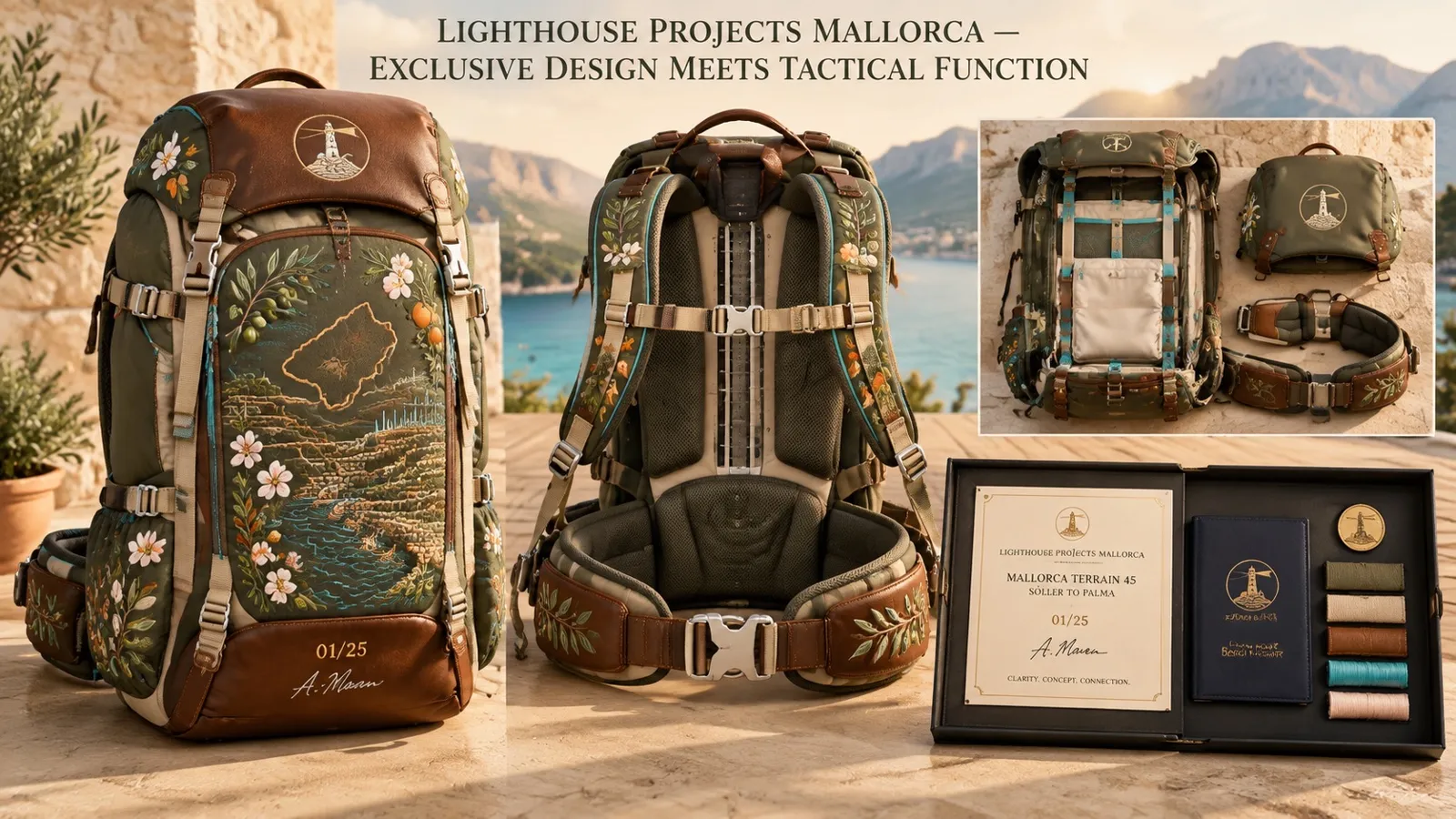 Olive and brown backpack with an embroidered map of Mallorca, edition number 01/25