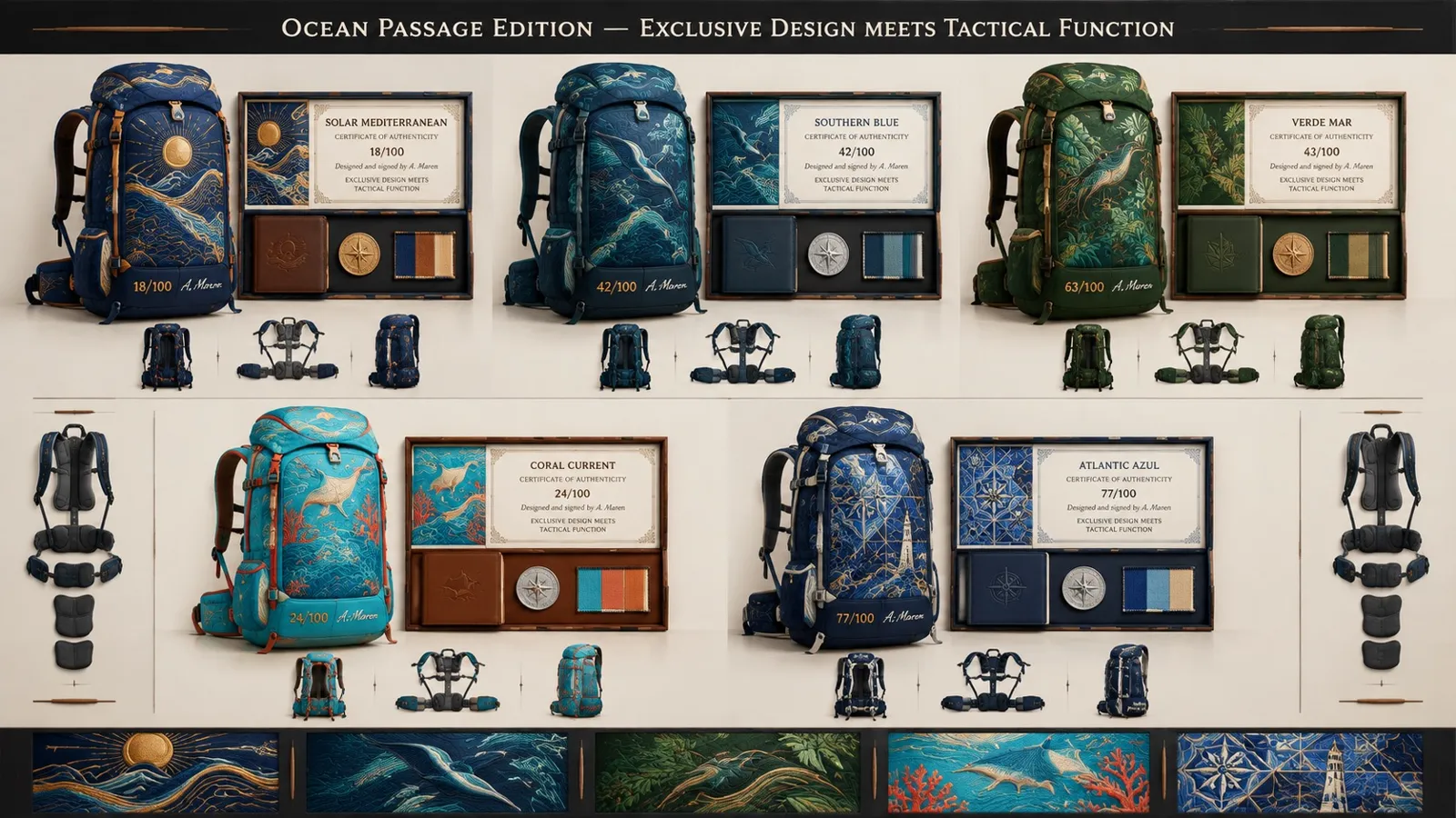 Board of the Ocean Passage Edition with five ocean-themed backpacks